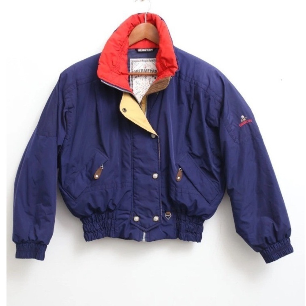 Vintage Obermeyer Anita Ski Jacket Navy Blue Red Yellow Retro Bomber Womens 12